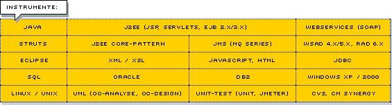 Java, J2EE, Webservices, Struts, J2EE Core-Pattern, JMS, WSAD, Eclipse, XML/XSL, Javascript, HTML, JDBC, SQL, Oracle, DB2, Linux/Unix, UML, CVS